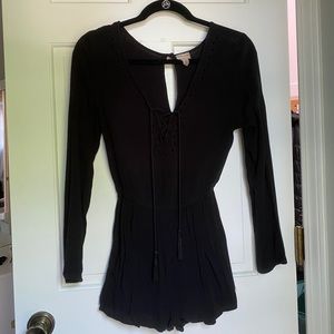 black long sleeve lace up romper